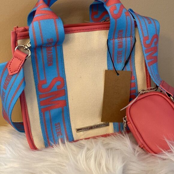 NWT NWT Steve Madden Crossbody/Canavs/Tote
w/AirPod Case - Blue & Pink - Picture 2 of 9